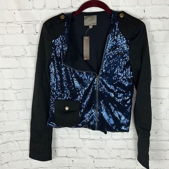 Lumière Black and Blue Sequin Zip Up Jacket Size Small - Picture 1 of 7
